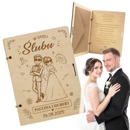 Wyjątkowy prezent na ślub drewniana kartka z kopertą dla pary młodej personalizowana